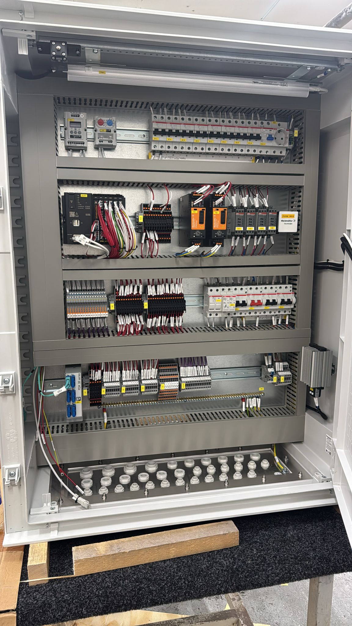 Control cabinet with relays and terminal blocks